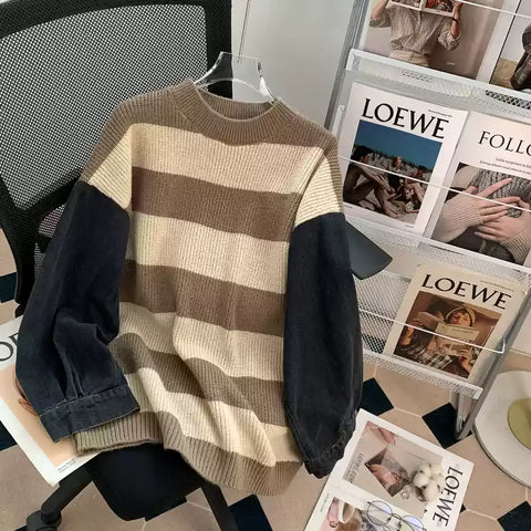 Loose-fit Denim Sleeve Stripe Sweater