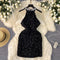 Rhinestone Studded Shiny Black Halter Dress