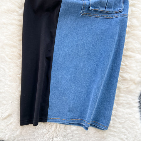 Zipped Denim Patchwork Black Dress