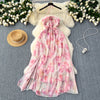Fairy Pink Floral Halter Mesh Dress