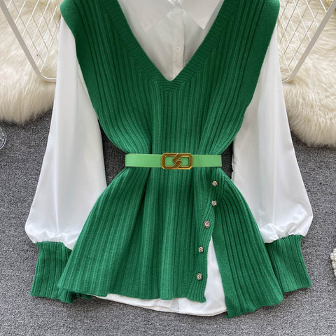 V-neck Knitted Vest&White Shirt 2Pcs