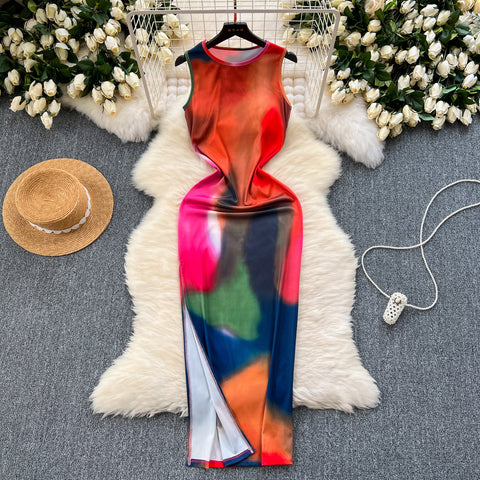 Colorful Tie-dye Sleeveless Slim Dress