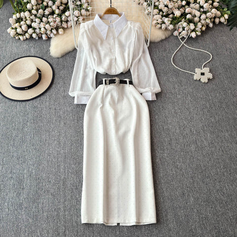 White Shirt&Hip-wrapping Skirt 2Pcs