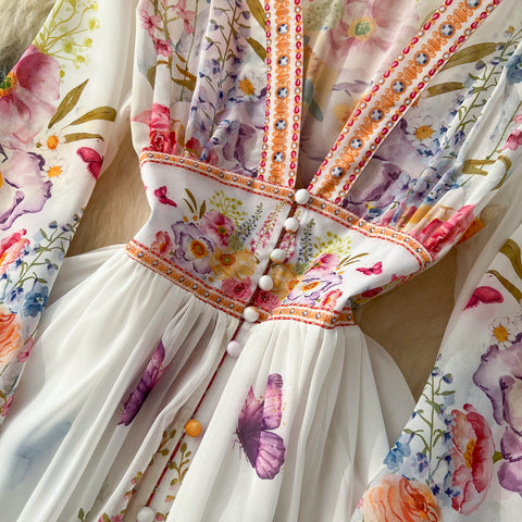 Courtly Deep V-neck Floral Shirt Dress