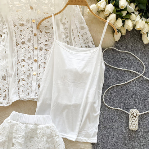 Crochet Shirt & Vest & Shorts 3Pcs
