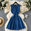 Hollowed Pleated Denim Vest Dress