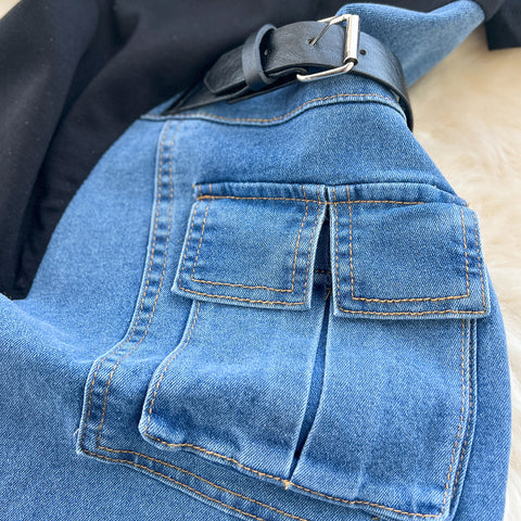 Zipped Denim Patchwork Black Dress