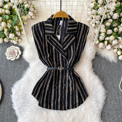 Striped Sleeveless Shirt & Half-body Skirt 2Pcs