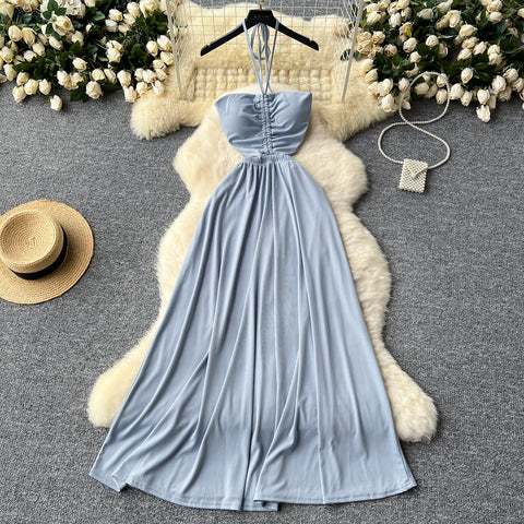 Hollowed Pleated Draped Halter Dress