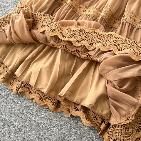 V-neck Shirt&Skirt Lace Patchwork 2Pcs