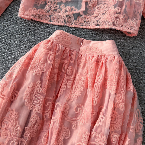 Embroidered Mesh Shirt & Skirt 2Pcs