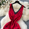 V-neck Printed Red Mesh Slip Dress