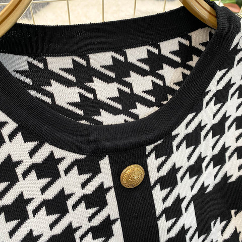 French Style Houndstooth Knitted Dress