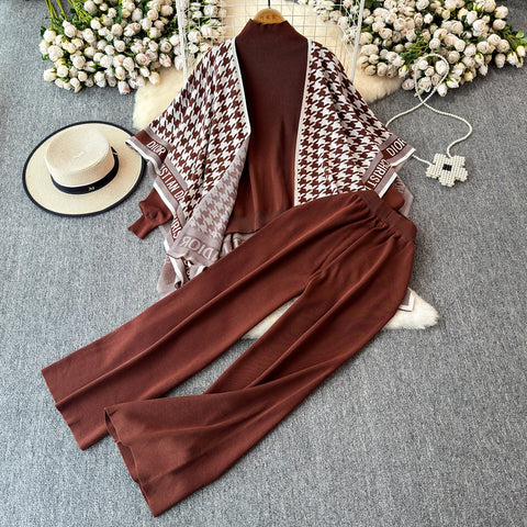 Sweater&Plaid Cardigan&Trousers Knitted 3Pcs