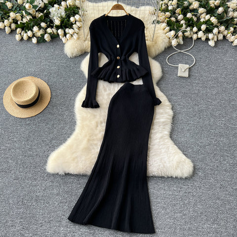 Ruffled Cardigan&Fishtail Skirt 2Pcs