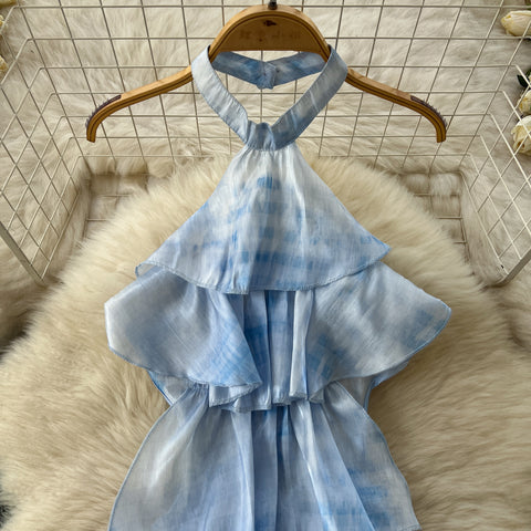 Tie-dye Blue Halter Top & Skirt 2Pcs