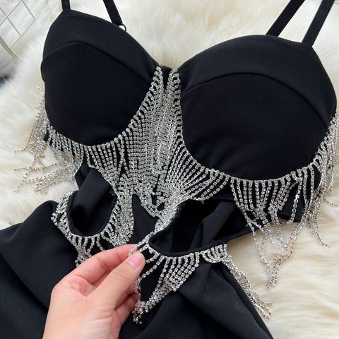 High-end Fringed Black Slip Dress