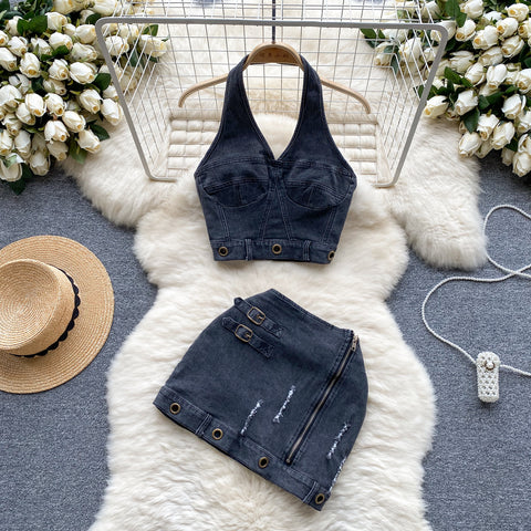 Halter Top&Hip-wrapping Skirt Denim 2Pcs