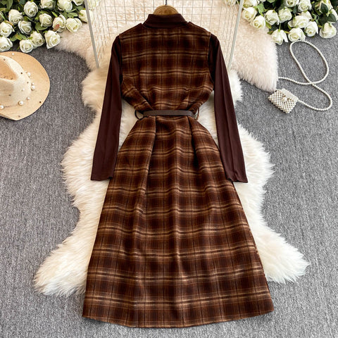 Turtleneck Sweater&Plaid Dress 2Pcs