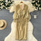 V-neck 3D Floral Ruffled Gold Dress