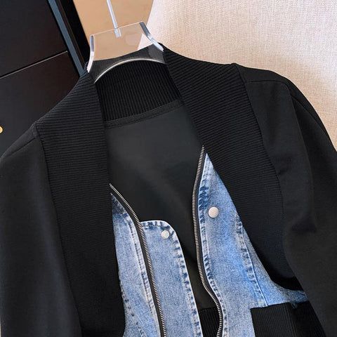 Niche Zipped Denim Patchwork Cardigan