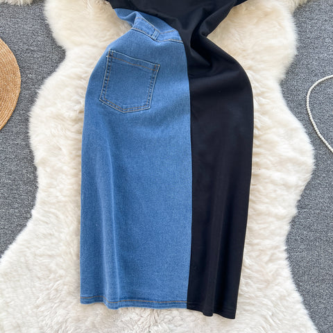 Zipped Denim Patchwork Black Dress