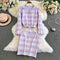 Plaid Cardigan&Hip-wrapping Skirt 2Pcs