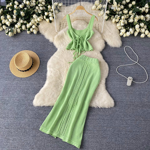 Hollowed Camisole&Fishtail Skirt Knitted 2Pcs