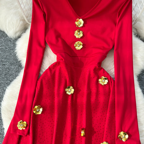 Sequin Beaded Floral V-neck Dress
