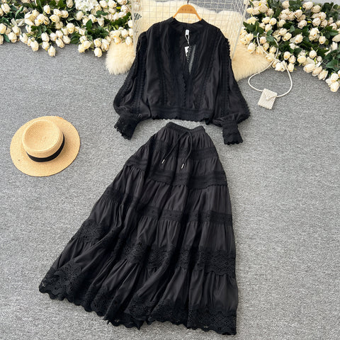 V-neck Shirt&Skirt Lace Patchwork 2Pcs