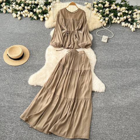 Lace-up Top & Draped Skirt 2Pcs