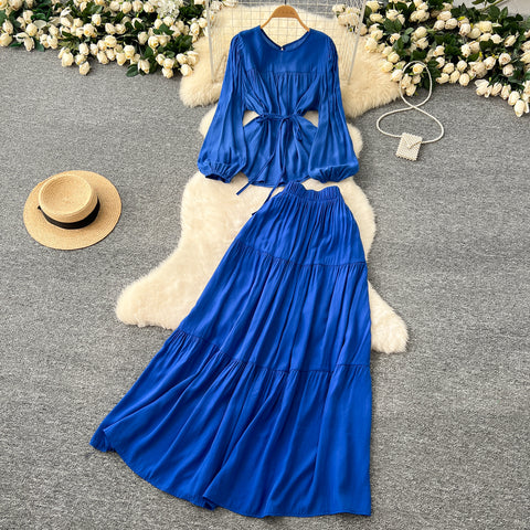 Lace-up Top & Draped Skirt 2Pcs