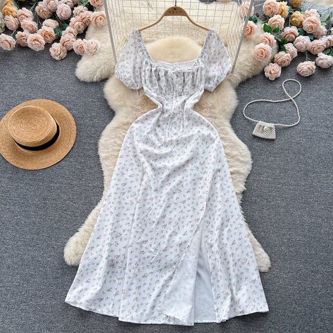 Ruffled Neckline Floral Split Dress