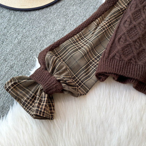 Plaid Patchwork Cardigan&White Shirt 2Pcs