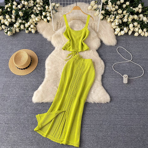 Hollowed Camisole&Fishtail Skirt Knitted 2Pcs