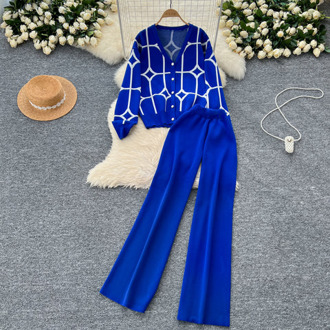Printed Cardigan&Wide-leg Trousers 2Pcs