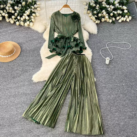 Ruffled Top & Wide-leg Trousers 2Pcs