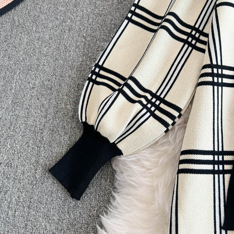 Plaid Knitted Patchwork Drawstring Dress