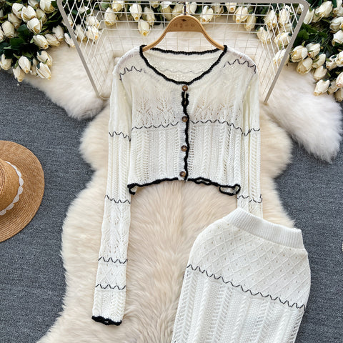 Hollowed Cardigan&Fishtail Dress Knitted 2Pcs