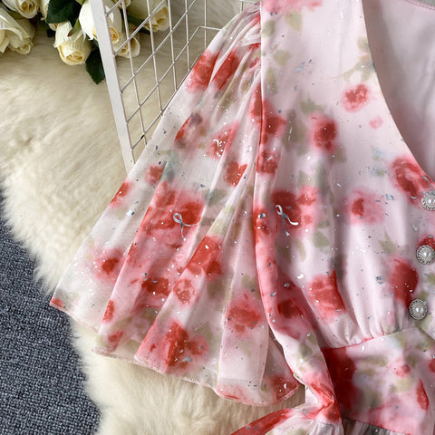 Sequined Floral Printed Ruffled Dress