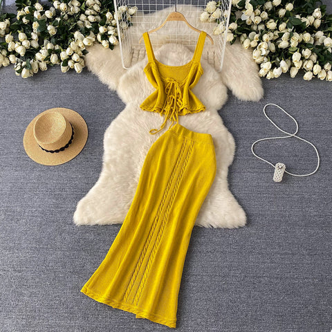 Hollowed Camisole&Fishtail Skirt Knitted 2Pcs