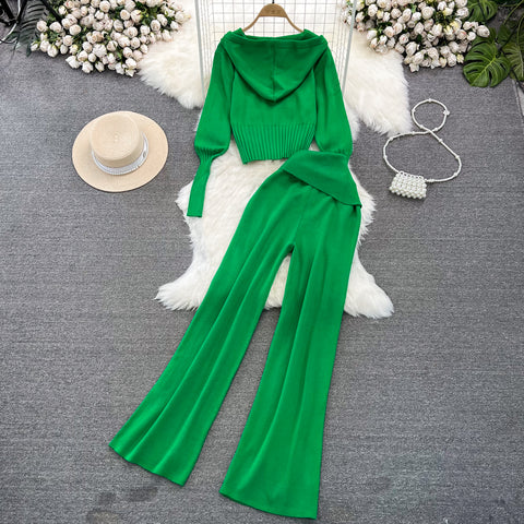 Knitted Hoodie&Wide-leg Trousers 2Pcs