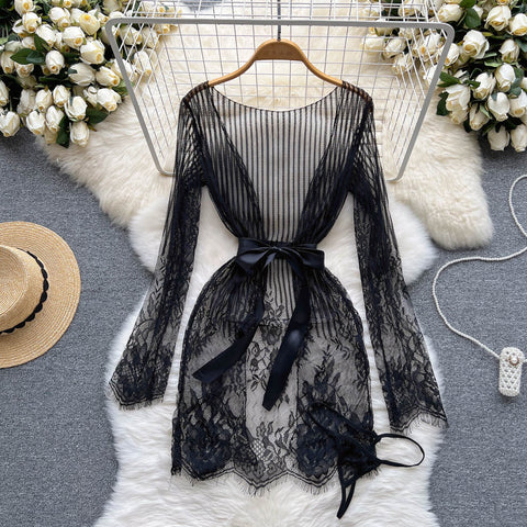 Crochet Black Lace Nightgown Dress