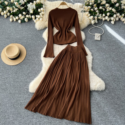 Cardigan&Pleated Skirt Knitted 2Pcs