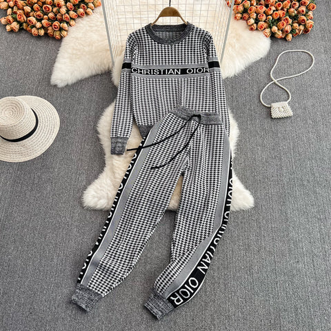 Houndstooth Jacquard Sweater&Trousers Set