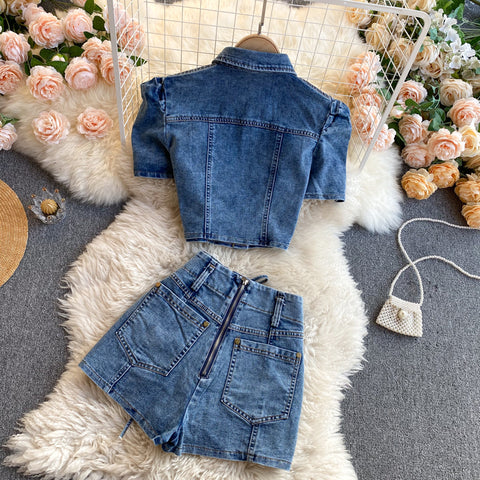 Shirt&Lace-up Shorts Denim 2Pcs