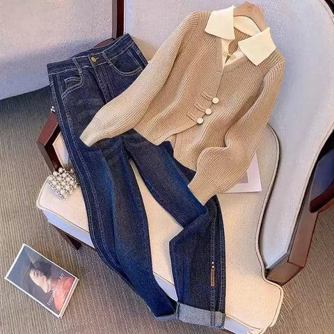 Faux Two-pieces Knitwear&Jeans 2Pcs