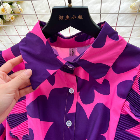 Niche Ruffled Printed Shirt Dress