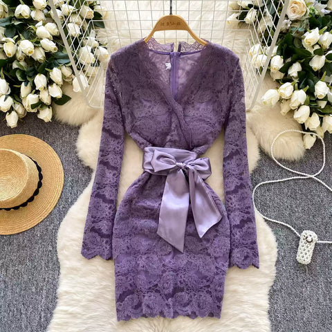 V-neck Embroidered Flocked Lace Dress