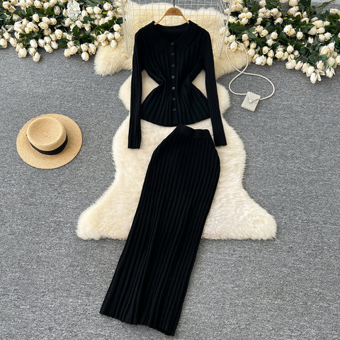 Waist-slimming Knitwear&Skirt Striped 2Pcs